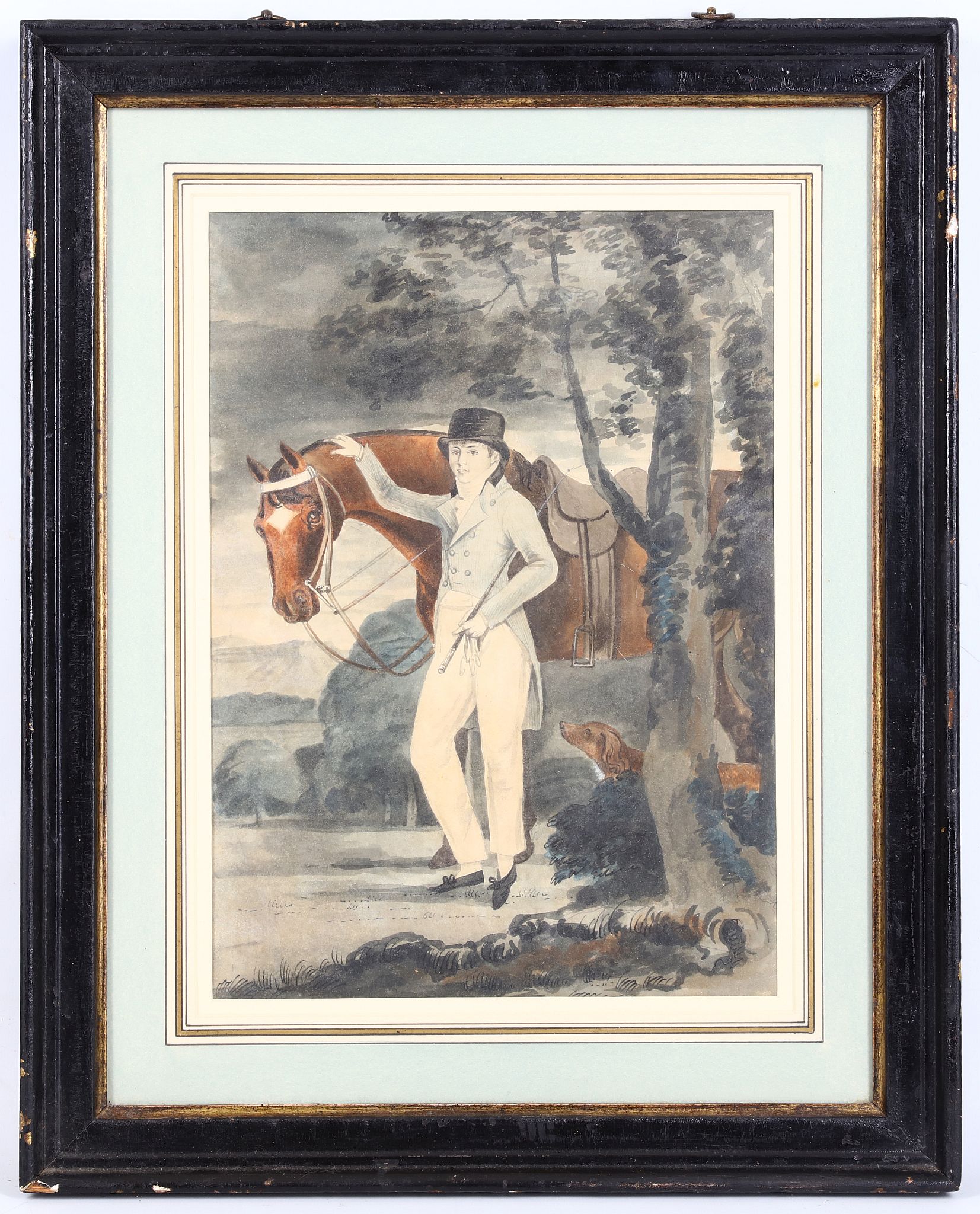 An early 19th Century English school. 'A Huntsman with his Stead'. Watercolour exterior portrait