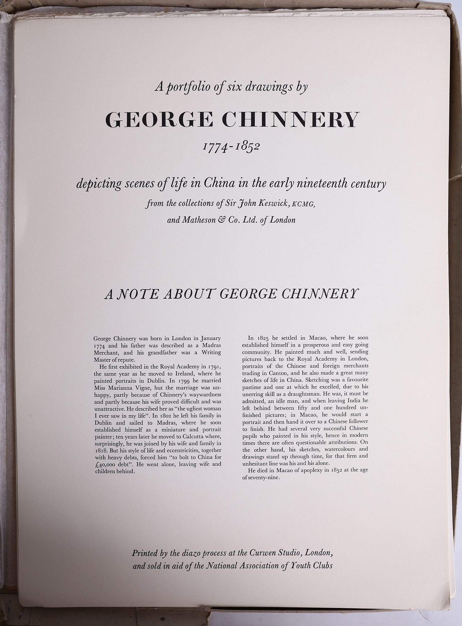 George Chinnery (1774-1852). A fine facsimile portfolio of six drawings of life in China in the