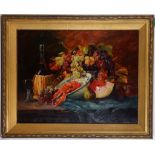 Kurt Bunge, Continental school. 'Lobster and Summer Fruits'. Oil on canvas still life. Signed