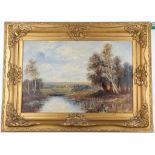 English school mid - late 19th Century. Oil on canvas. A panoramic river landscape with distant