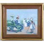 Margaret Palmer b. 1922. 'Victorian Summer'. Oil on board. Promenading and seated bench figures.