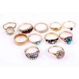 A collection of rings, Including two set with turquoise, two 19th century memorial rings, a five