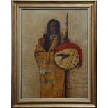 T. Peck, 20th Century. Oil on canvas panel depiction of a standing native American Indian, holding a