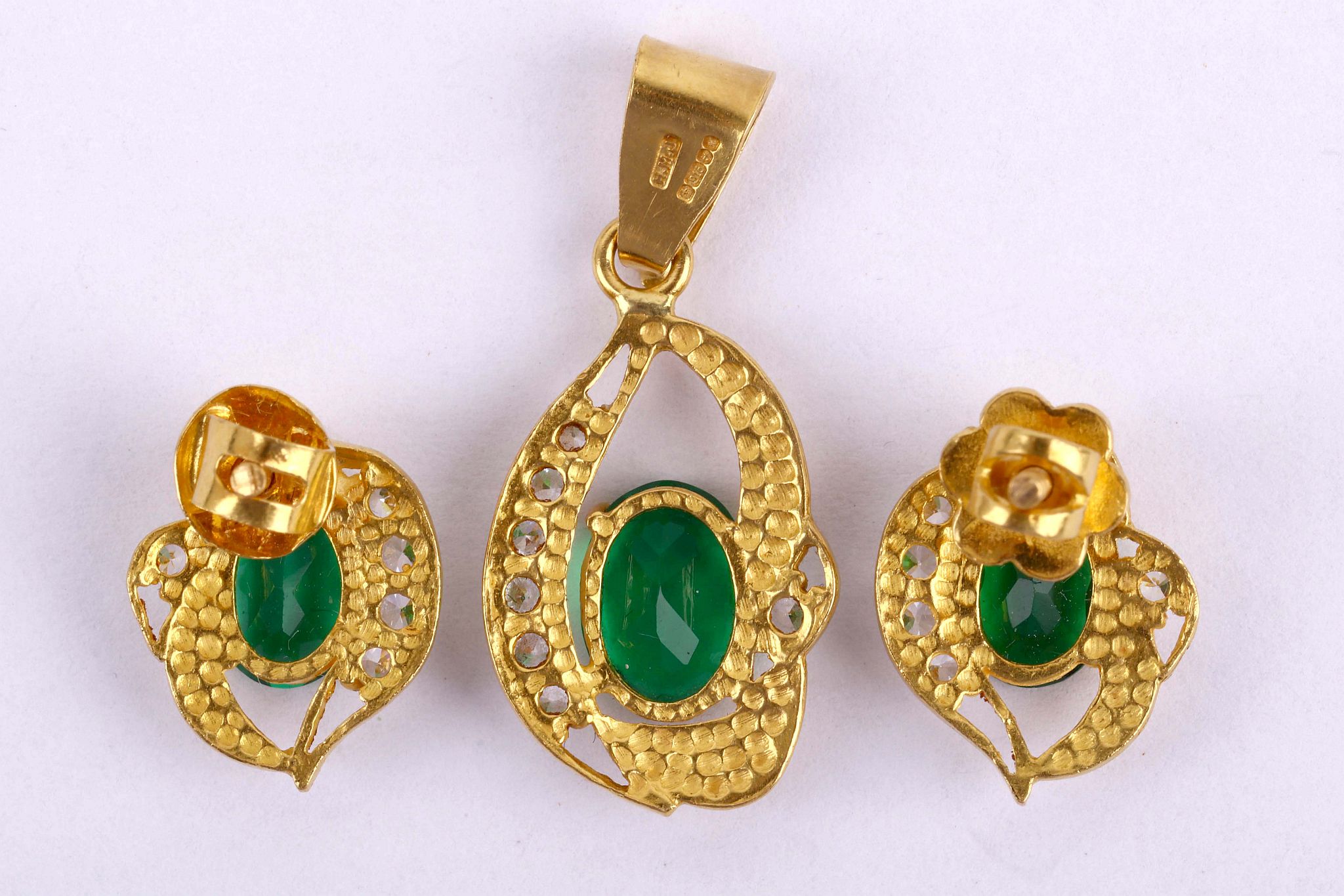 A 22 carat gold, synthetic emerald and imitation diamond pendant and earring suite, UK hallmarks, - Image 2 of 2