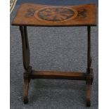 A 19th Century Italian marquetry inlaid walnut occasional table on lyre end standards, 50cm wide (