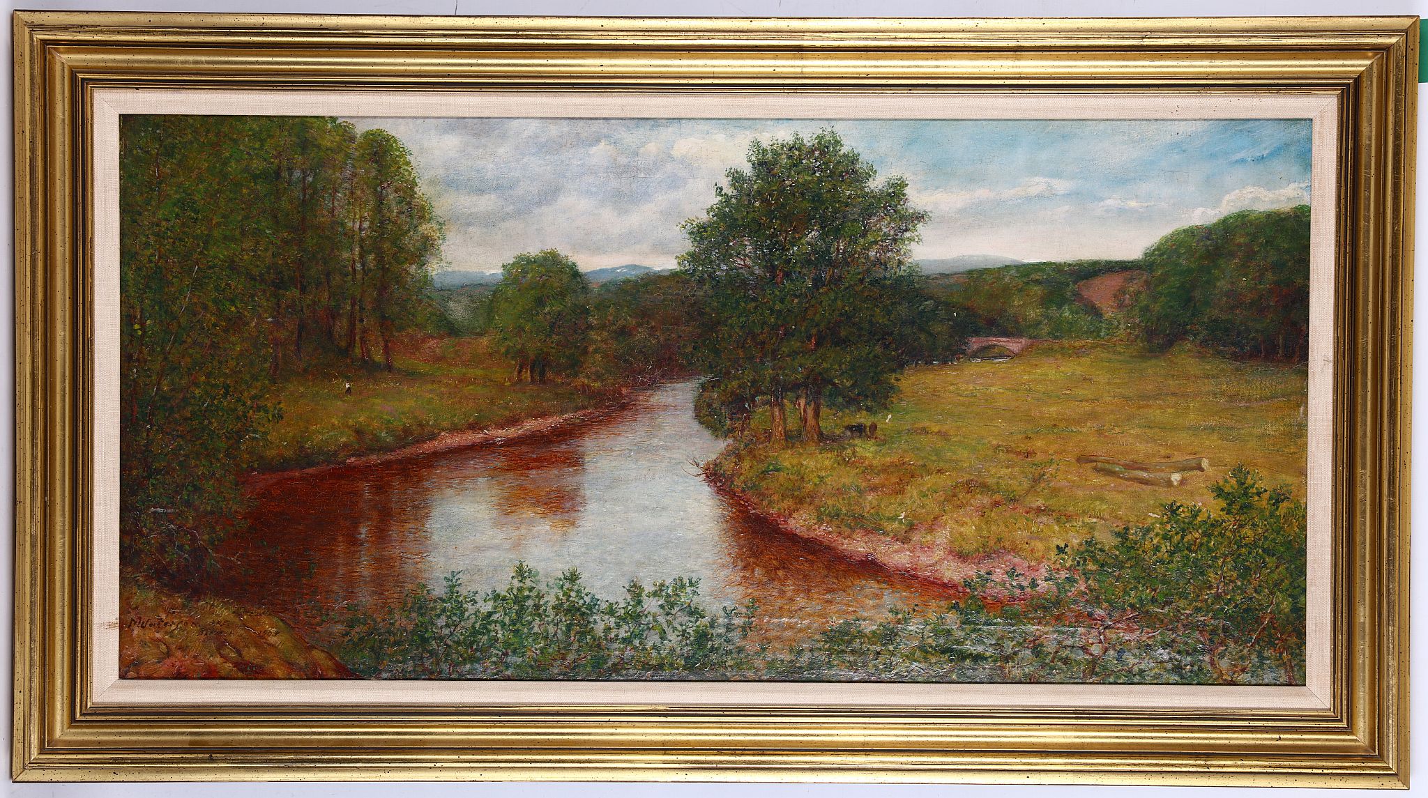 AMENDED - David Waterson (1870-1954), 'Summer Riverscape'. Panoramic oil on canvas with grazing