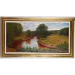 AMENDED - David Waterson (1870-1954), 'Summer Riverscape'. Panoramic oil on canvas with grazing