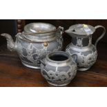 A Chinese pewter mounted stoneware Yixing, three piece tea set, mounted with bands of dragons,