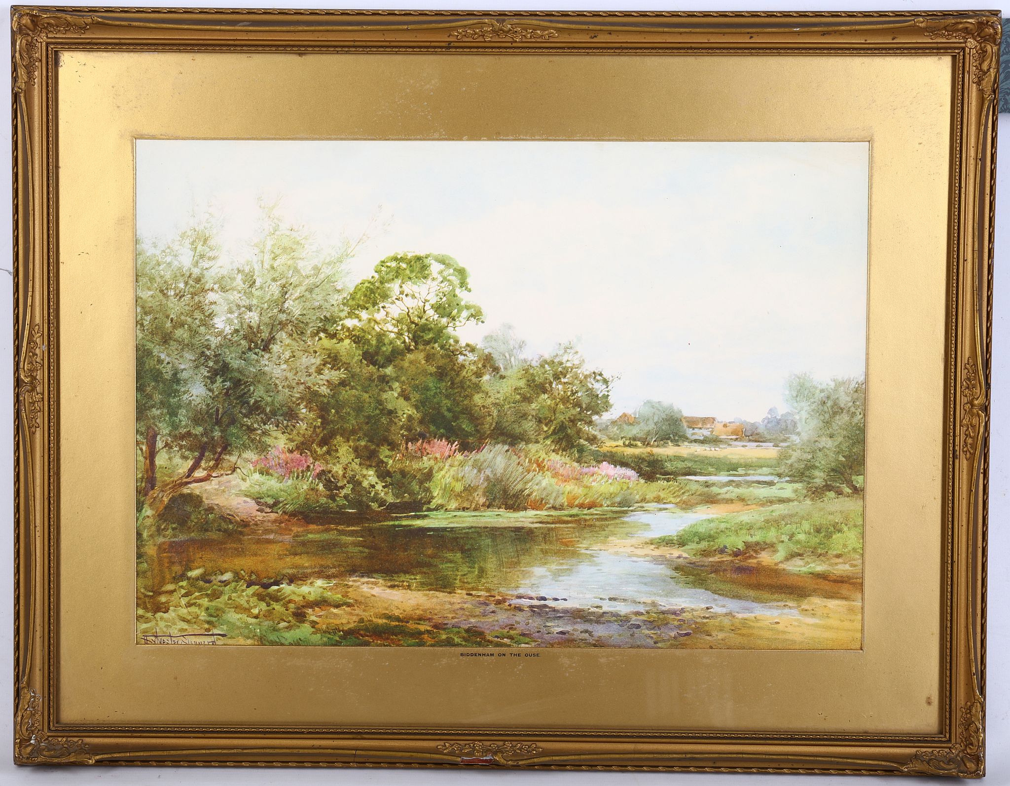 Henry John Sylvester 1870-1951. 'Biddenham on the Ouse'. Watercolour riverscape. Signed lower