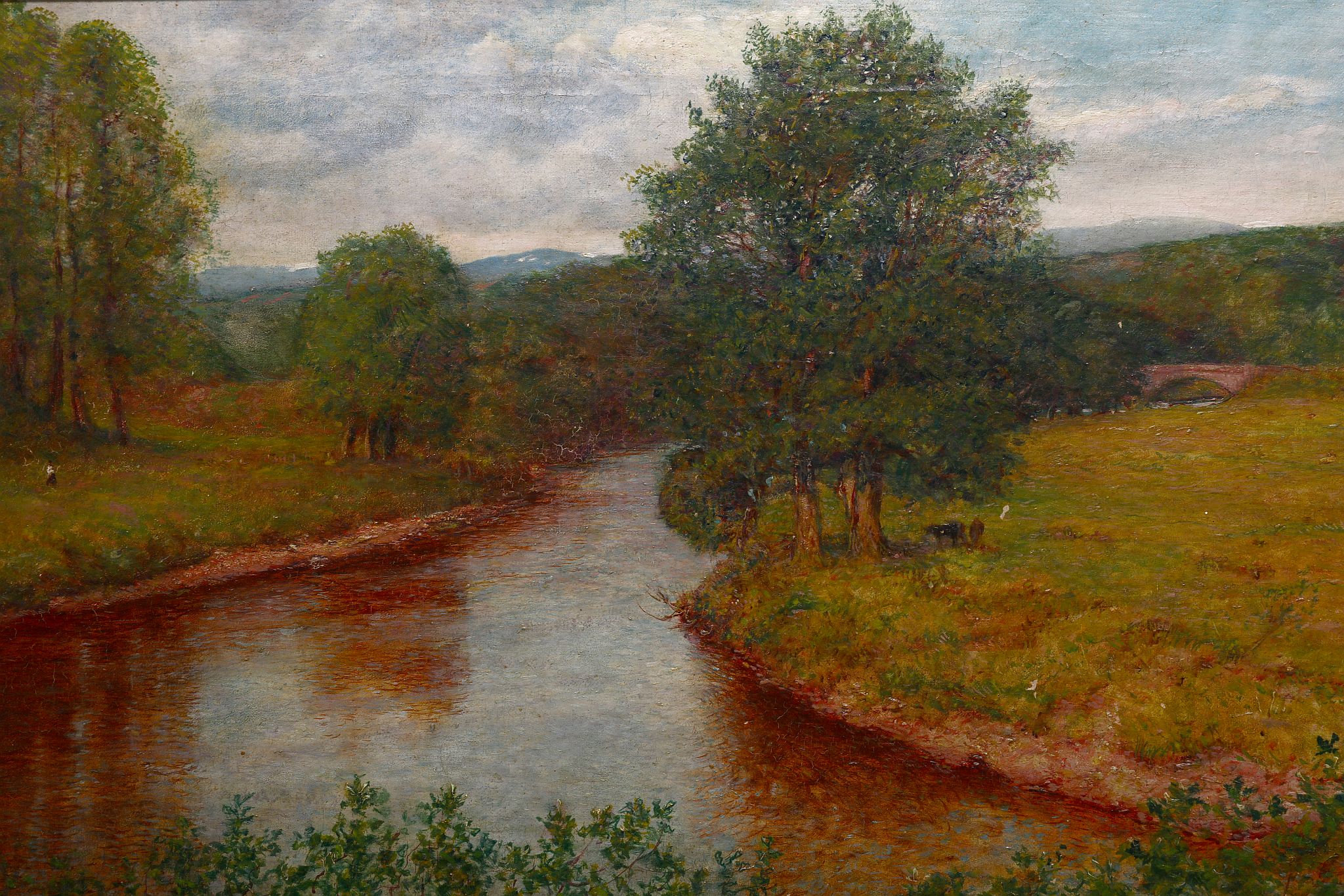 AMENDED - David Waterson (1870-1954), 'Summer Riverscape'. Panoramic oil on canvas with grazing - Image 3 of 4