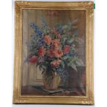 Circa 1930's London school. 'Still Life of Summer Blooms in a glass vase'. Oil on canvas. Partial