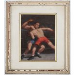 An oil painting study of two boxers in a boxing ring, 25 x 18cm.