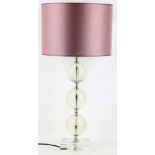 A pair of glass three sphere table lamps with lilac shades, 74cm high.