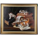 Mid 20th Century Continental Leave, 'Kittens at Play'. Interior oil on canvas scene with young