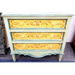 An Italian Provincial design, painted three drawer chest with shaped apron on turned feet, 84cm.