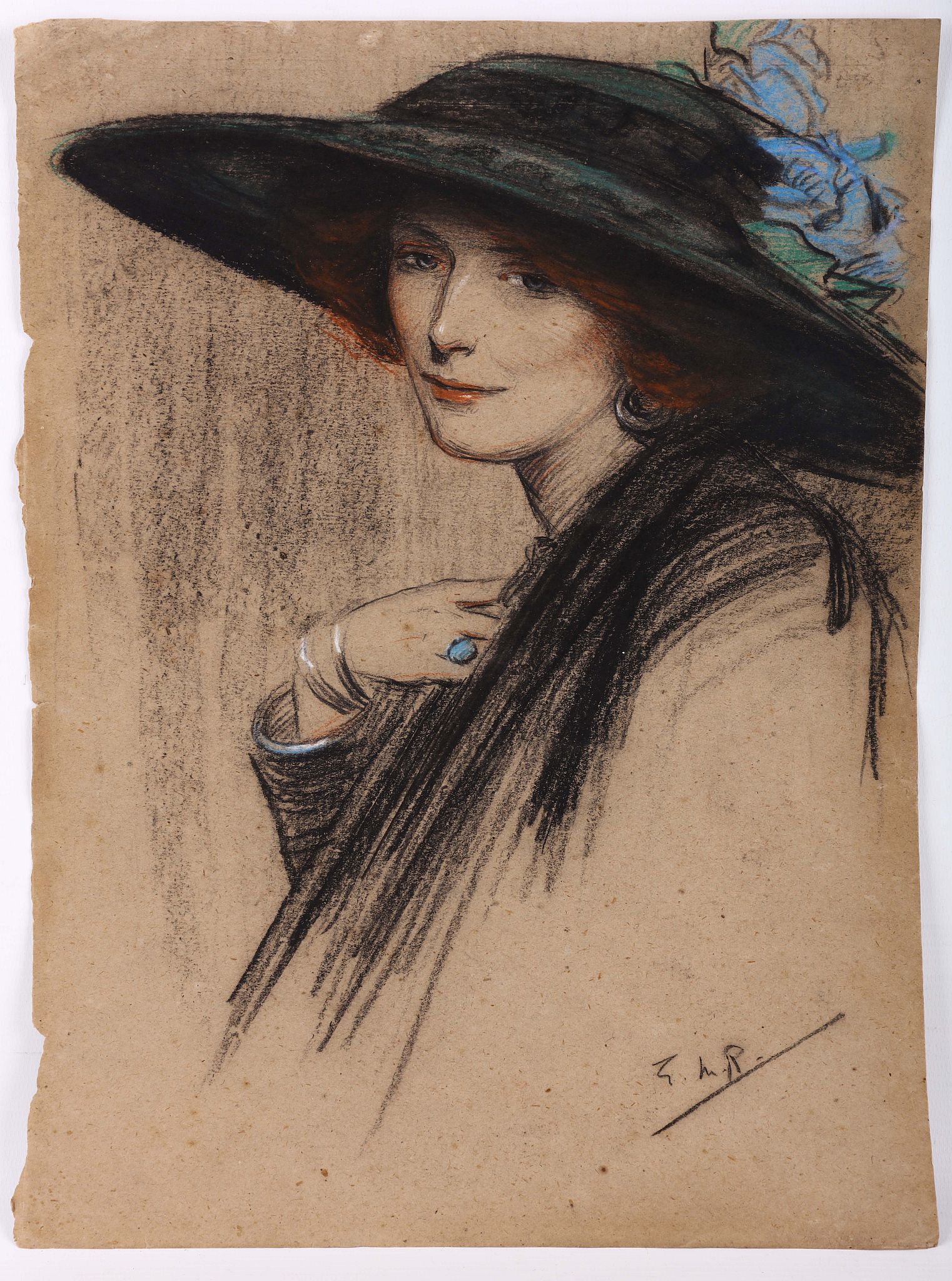 E. M. Reeks. Pair of fine pastel portraits. The first a stylish woman in a green hat with blue