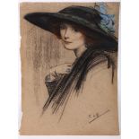 E. M. Reeks. Pair of fine pastel portraits. The first a stylish woman in a green hat with blue