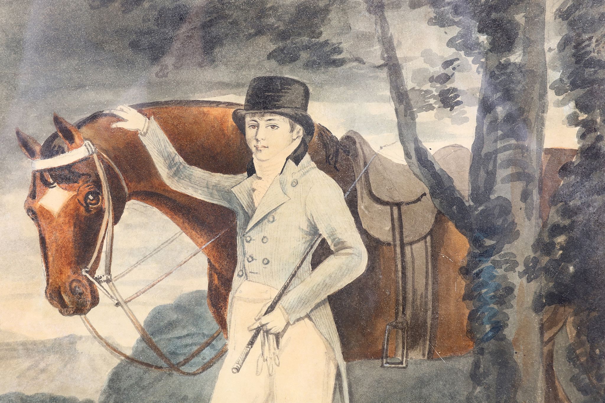 An early 19th Century English school. 'A Huntsman with his Stead'. Watercolour exterior portrait - Image 2 of 3