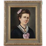 Circa late 19th Century. Oil on canvas, laid to board. 'Portrait of a Woman with Pink Bow'. The