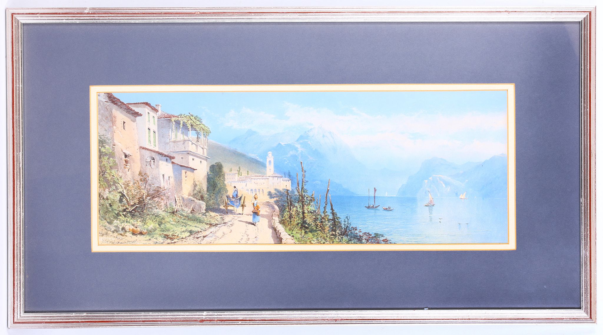 L. ROWLAND, 19th century British. 'Lake Como'. Watercolour and gouache lake view. Signed and