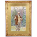 Circa 1900 English school. A fine watercolour portrait of a country squire, with pipe and set in