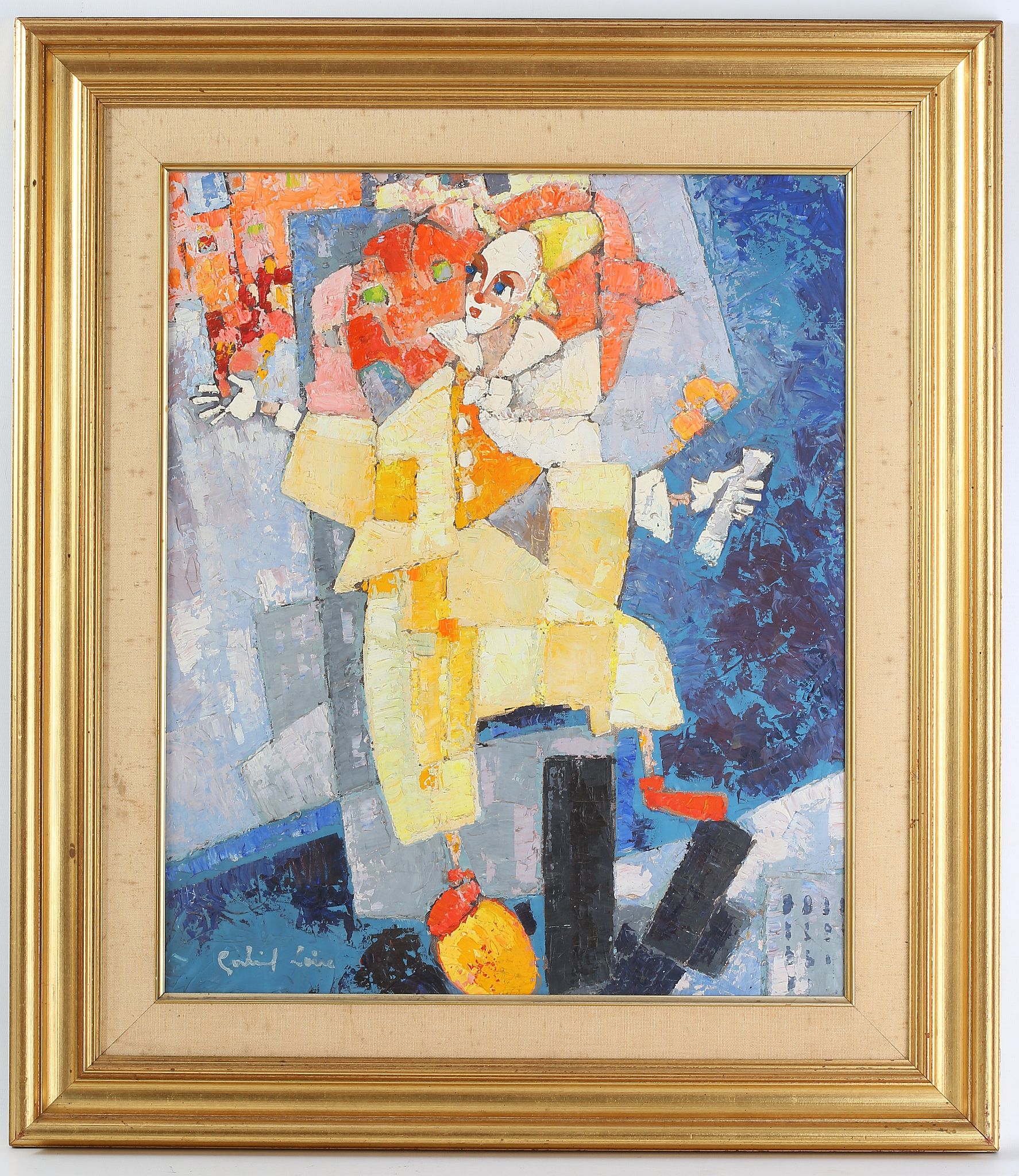 A contemporary oil on canvas 'Clown - Batisseur D'Empires' indistinctly signed, together with two - Image 7 of 9