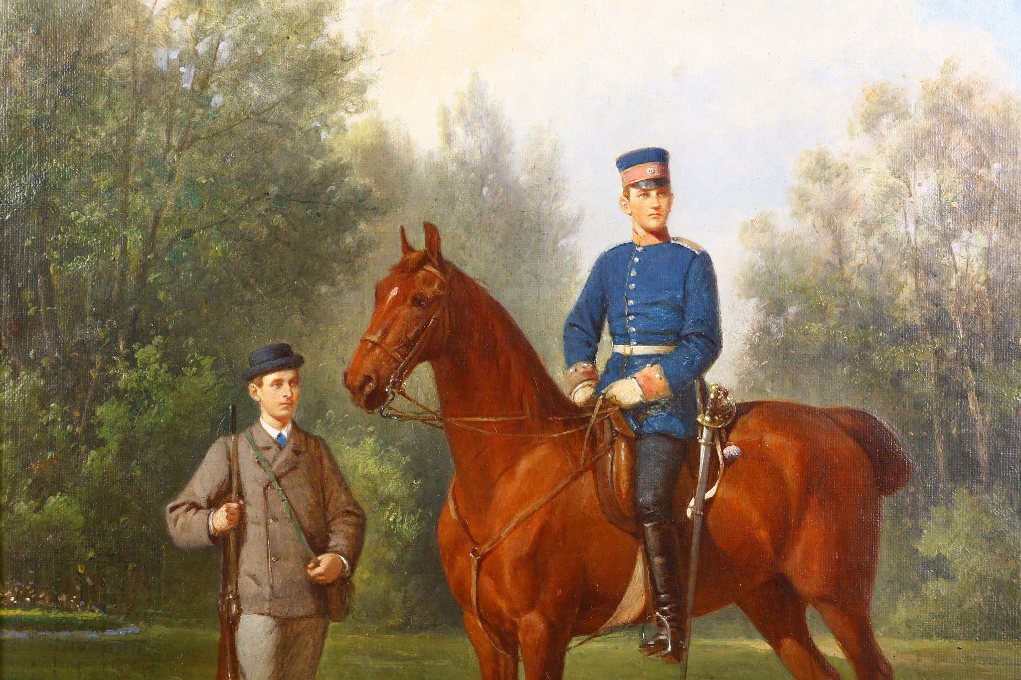 Ludwig Behringer 1824 - 1903 German A Prussian cavalryman on horseback, with a sportsman accompanied - Image 3 of 5