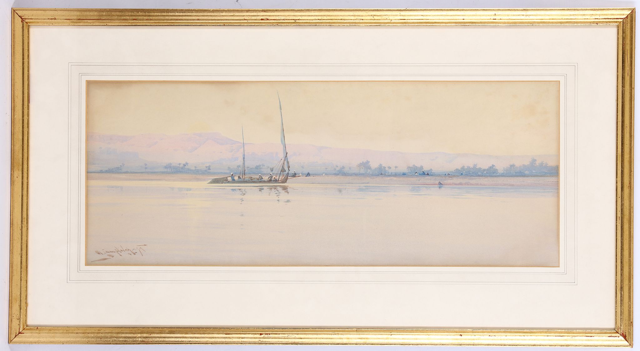 Augustus Osborne Lamplough 1870-1930, 'Sailboat at Dusk', watercolour, signed lower left, 24 x 62cm,