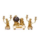 A LATE 19TH CENTURY FRENCH GILT BRONZE AND WHITE MARBLE FIGURAL MANTEL CLOCK GARNITURE SIGNED J.