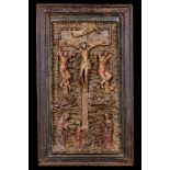 A RARE LATE GOTHIC GERMAN CARVED AND POLYCHROME RELIEF DEPICTING THE CRUCIFIXION CIRCA 1480-1520