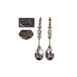 A PAIR OF GERMAN GOTHIC STYLE SILVER GILT APOSTLE SPOONS TOGETHER WITH TWO 17TH CENTURY BRONZE