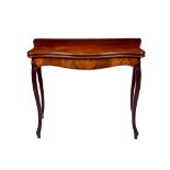 A LATE 19TH CENTURY GEORGE III STYLE MAHOGANY SERPENTINE CARD TABLE the hinged top opening to the