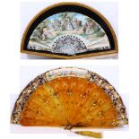 TWO 19TH CENTURY CARVED AND PIERCED FANS DECORATED WITH 18TH CENTURY SCENES IN THE MANNER OF WATTEAU