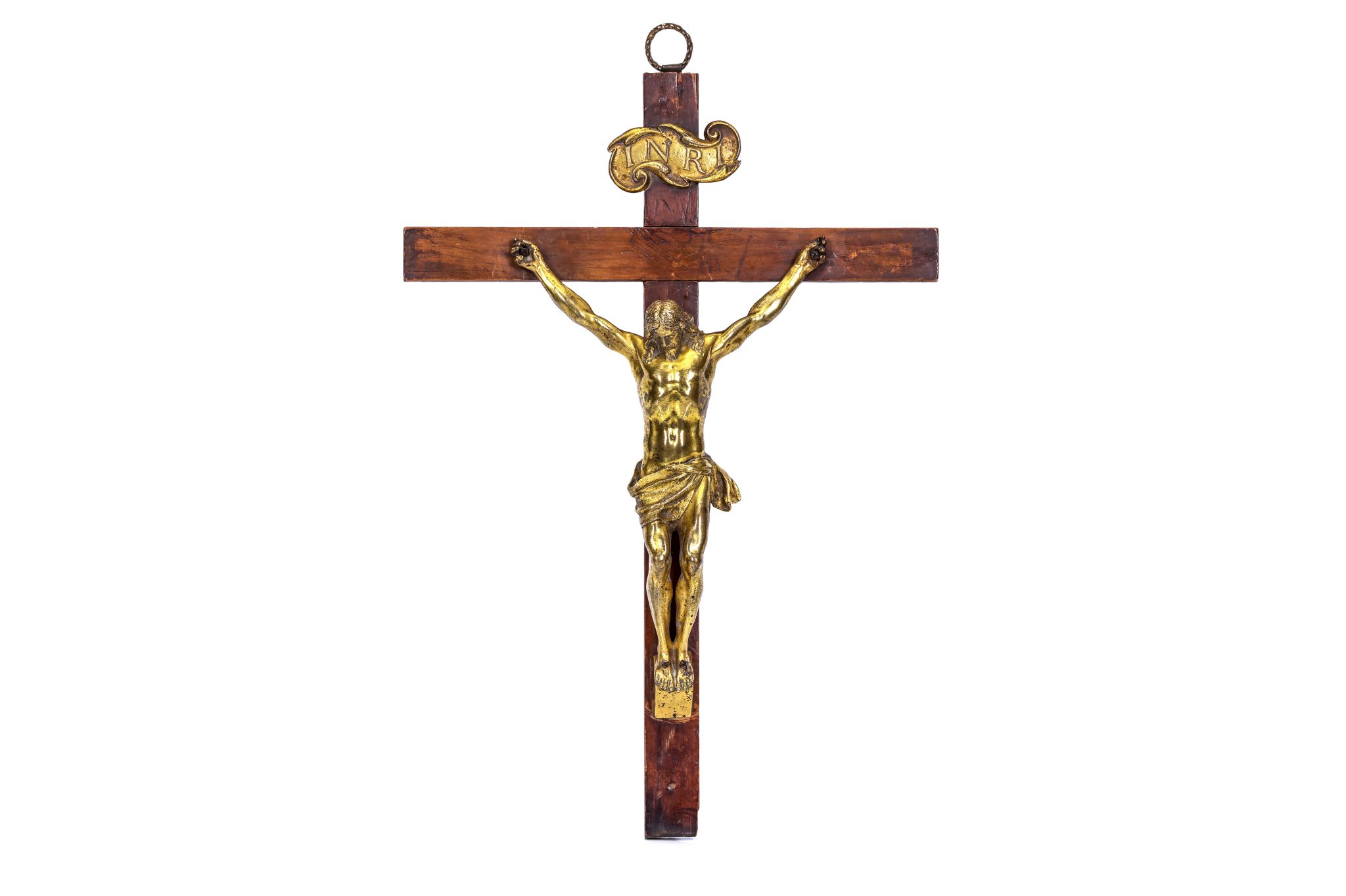 AN ITALIAN 18TH CENTURY GILT BRONZE CORPUS CHRISTI / CRUCIFIX the figure of Christ wearing a