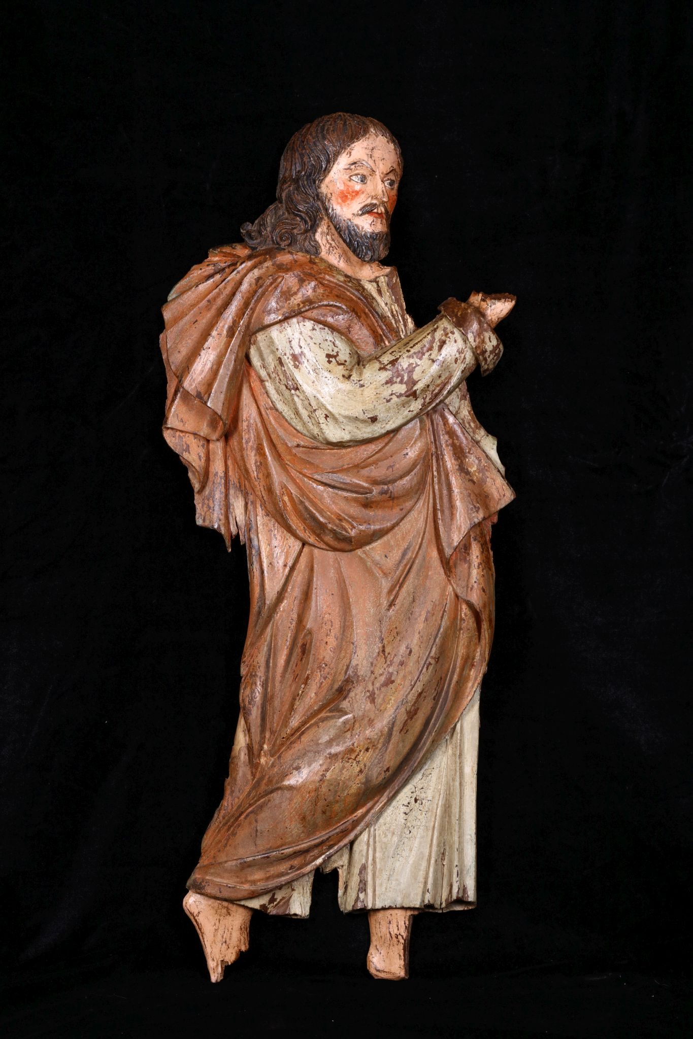 A LARGE PAIR OF 16TH CENTURY SOUTH GERMAN CARVED WOOD AND POLYCHROME DECORATED RELIEFS OF SAINTS the - Image 2 of 5