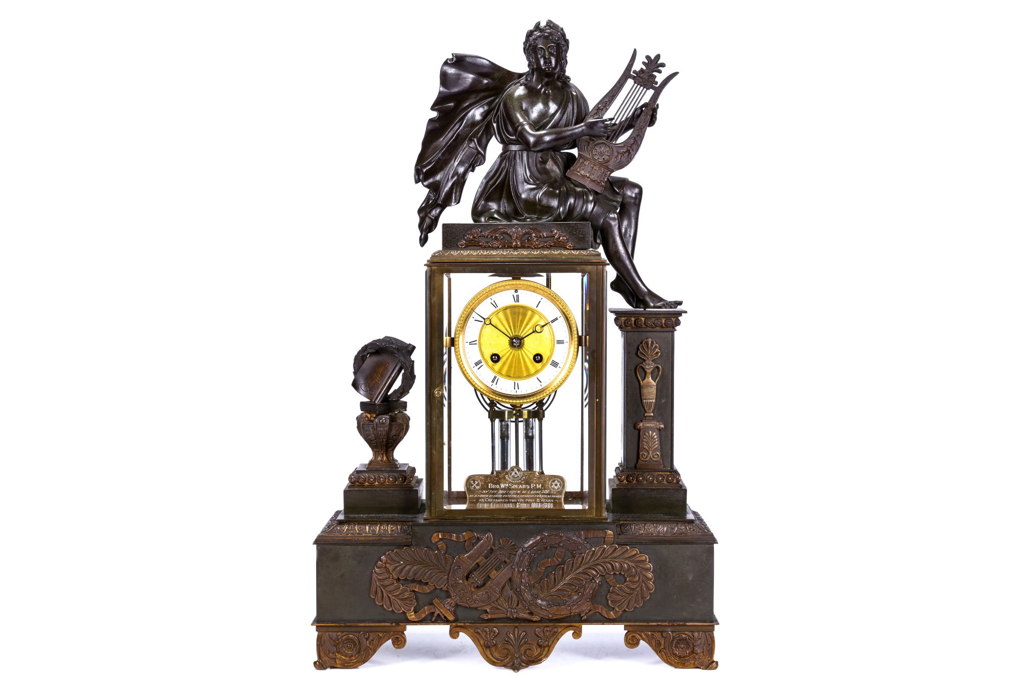 A 19TH CENTURY FRENCH EMPIRE STYLE  BRONZE MANTEL CLOCK WITH MASONIC PLAQUETTE the clock movement