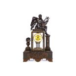 A 19TH CENTURY FRENCH EMPIRE STYLE  BRONZE MANTEL CLOCK WITH MASONIC PLAQUETTE the clock movement