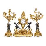 A LARGE AND IMPRESSIVE MID 19TH CENTURY GILT AND PATINATED BRONZE FIGURAL MANTEL CLOCK GARNITURE