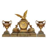 A LATE 19TH CENTURY FRENCH ONYX AND GILT BRONZE CLOCK GARNITURE the large mantel clock of drum