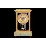 A LATE 19TH CENTURY FRENCH ONYX AND CHAMPLEVE ENAMEL FOUR GLASS MANTEL CLOCK of typical form, raised