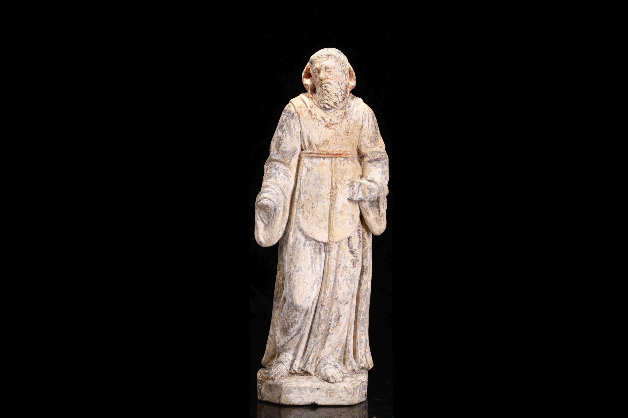 A 17TH CENTURY NORTH EUROPEAN CARVED STONE FIGURE OF ST FRANCIS OF ASSISI  the standing figure - Image 2 of 7