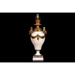 A LATE 19TH CENTURY FRENCH LOUIS XVI STYLE GILT BRONZE AND WHITE MARBLE LAMP BASE the body of