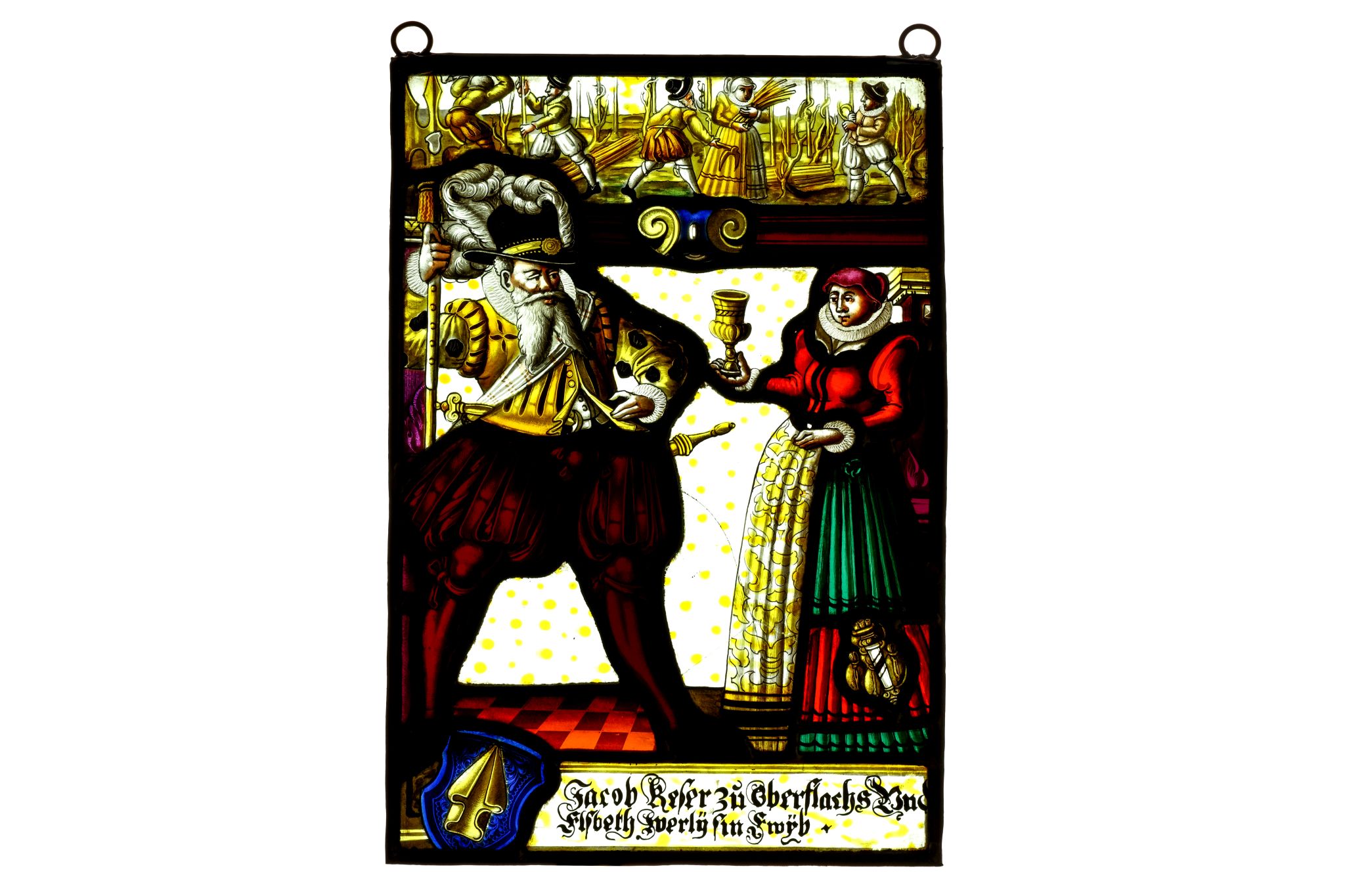 A 17TH CENTURY SWISS STAINED GLASS PANEL DEPICTING A NOBLEMAN AND WOMAN the male, bearded figure