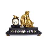 A LARGE MID 19TH CENTURY FRENCH GILT BRONZE AND MARBLE INLAID MANTEL CLOCK THE BRONZE BY JEAN