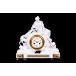 A RARE AND FINE LATE 18TH CENTURY DERBY BISQUE PORCELAIN MANTEL CLOCK MODELLED AS DIANA AND A