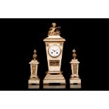 A LATE 19TH CENTURY FRENCH ALABASTER AND GILT BRONZE CLOCK GARNITURE the tapering pedestal clock