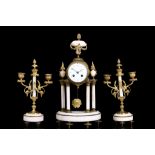 A LATE 19TH CENTURY FRENCH MARBLE AND GILT BRONZE PORTICO CLOCK GARNITURE the clock surmounted by an