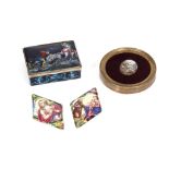 A 19TH CENTURY LIMOGES ENAMEL SNUFF BOX TOGETHER WITH THREE FURTHER ENAMEL PLAQUETTES the box with