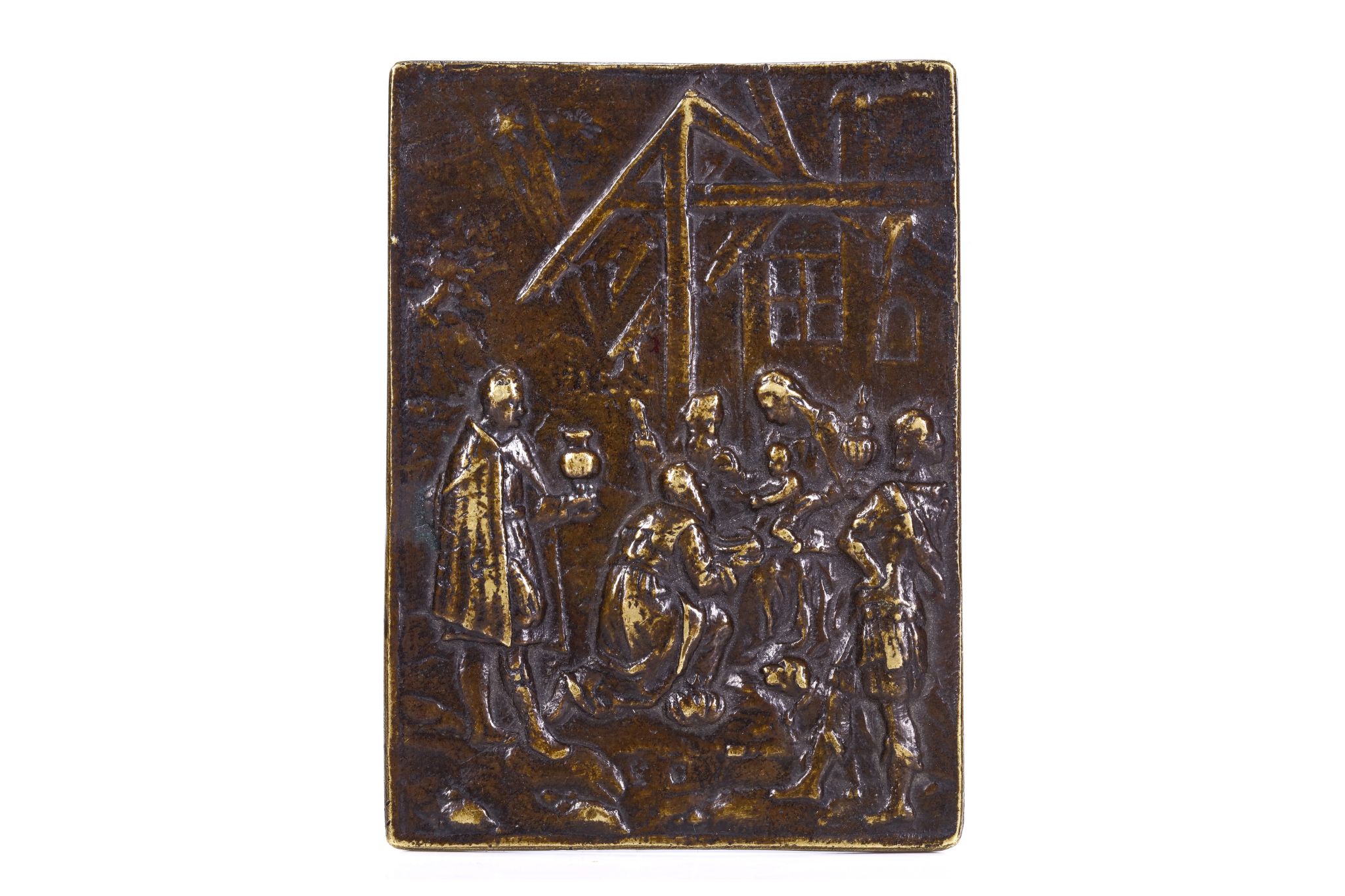 A 17TH CENTURY GERMAN BRONZE RELIEF DEPICTING THE ADORATION OF THE MAGI of rectangular form, the