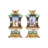 A PAIR OF MID 19TH CENTURY FRENCH PAINTED PORCELAIN VASES DEPICTING THE FOUR SEASONS ATTRIBUTED TO